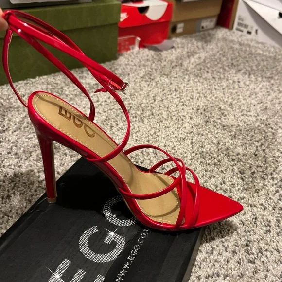 patent faux leather red strappy open toe heels - Picture 1 of 4